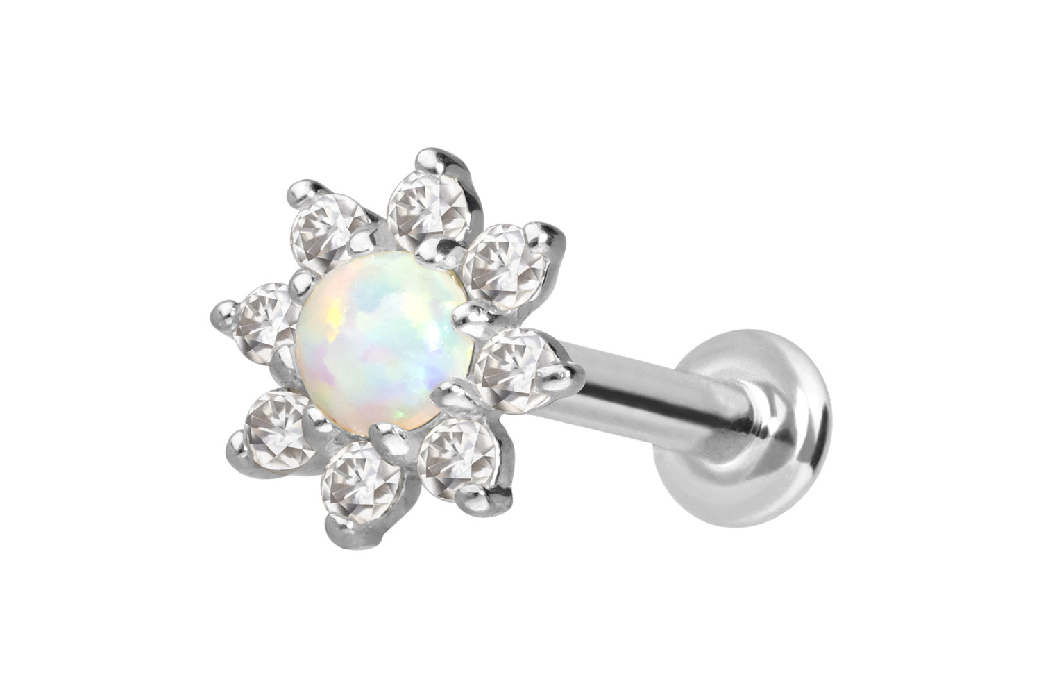 14 Karat Gold Labret Piercing mit Innengewinde MOISSANIT-BLUME + SYNTHETISCHER OPAL
